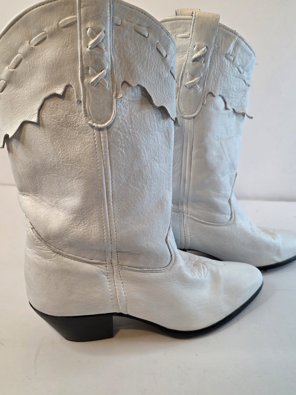 Women's White Leather Loredo  Western Mid-Calf Heeled Boots Size 7